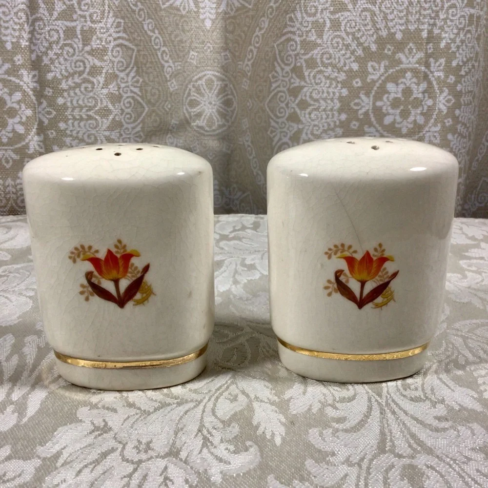 Vintage Ceramic Orange Flower Gold Gilt Salt and Pepper Shakers